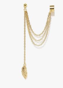 Comboo Of Gold Drop Leaf Tassel Ear Cuffs &amp; Studs