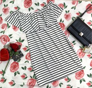 stripped off shoulder b/w dress