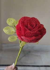 Beaded Red Rose with Leaves