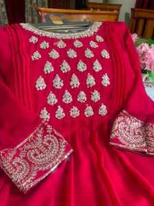 Elegant Red Embroidered Single Gown