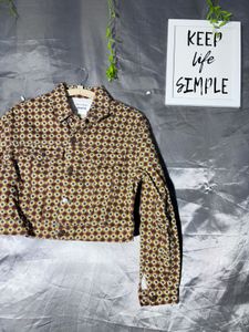 Cropped Geometric Print Denim  Jacket