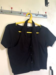 Black V-Neck Button-Up Crop Top