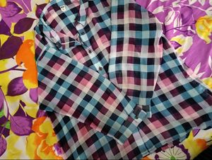 Sheer Plaid Button-Down Top