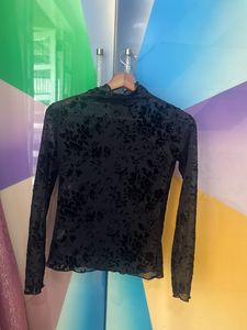 Black Floral Mesh Mock Neck Top