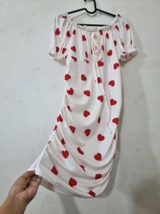 White Heart Print Ruched Midi Dress.