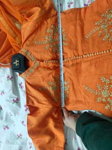 Orange Embroidered Kurta With Skirt