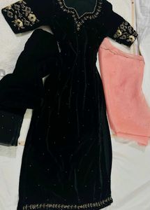 Elegant Handwork Black Velvet Kurta Set with Organ