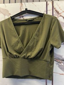 Olive Green Ribbed V-Neck Crop Top, Bust- 34