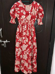 Red Floral Maxi Dress with Puff Sleeves