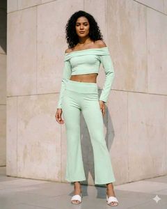 SHEIN Mint Off-Shoulder Crop Top & Pants Set