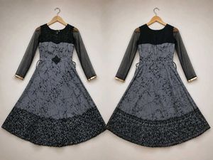 Black & Grey Ethnic Flared Dress with Matching Pan