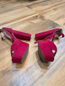 Women's Wine Red Suede Platform Block Heels