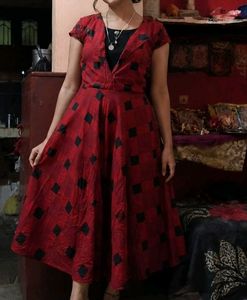 Stylish Red & Black Diamond Print Dress