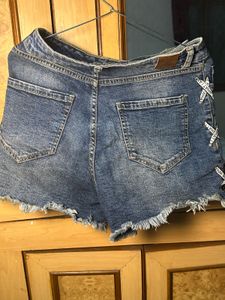 Distressed Denim Shorts with Lace-Up Detail