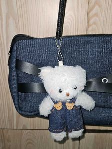 Denim Shoulder Bag with Teddy Charm