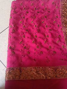 beautiful rose pink georgette saree with gold embr