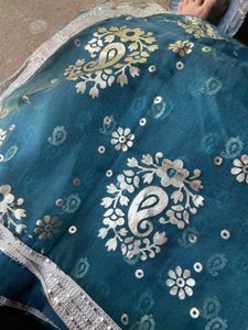 Organza Blue Colour Net Saree With Silver Print And Silver Lace