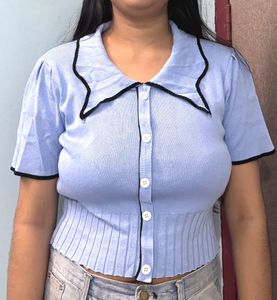 Cute Blue Button-Up Knit Top