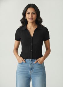 Ribbed Black Collared Button-Up Top