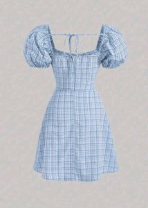 Blue Plaid Puff Sleeve Dress 🫐