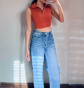 Sleeveless Ribbed Polo Crop Top