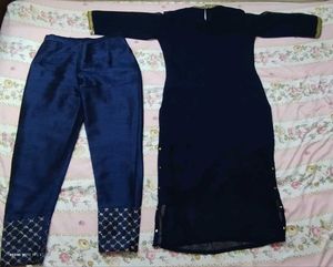 Elegant Navy Blue Kurta Set with Golden Embellishm