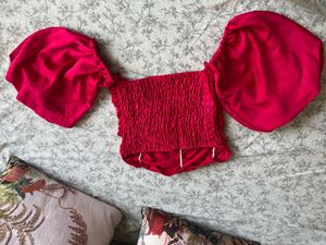 Stylish Pink Puff Sleeve off-shoulder Crop Top