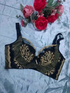 Elegant Black &amp; Gold Embroidered Bra