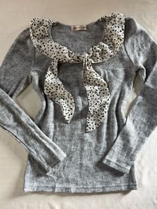 Gray Knit Sweater with Ruffle Collar