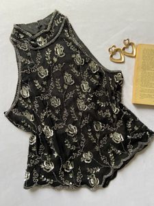 Sparkling Black Embellished Sleeveless Top