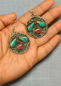 Bohemian Turquoise &amp; Coral Tibetan Silver Earrings