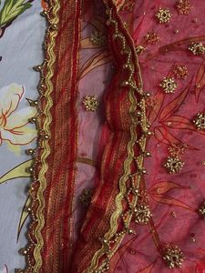 Red Embroidered Dupatta with Floral Print