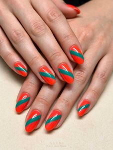 Vibrant Orange & Green Striped Nails