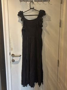 Black cotton Eyelet Detail Midi Dress