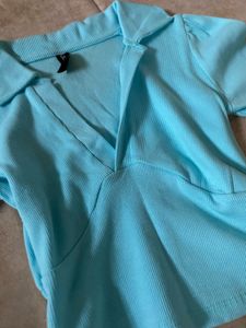 Blue Collared Cropped korean Top