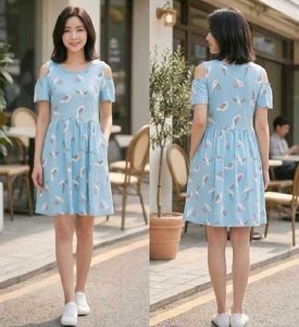 Cute Bird Print Cold Shoulder Dress