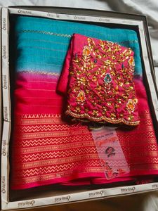 Beautiful Teal &Pink Saree with Embroidered Blouse