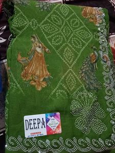 Elegant Green Saree with Peacock & Lady Print