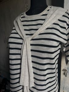 Striped Knit Top with Scarf Detail