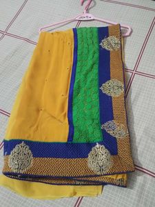 Vibrant Yellow Saree with Green &amp; Blue Border