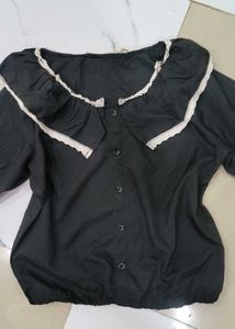Black Button-Up Top with Ruffled Collar