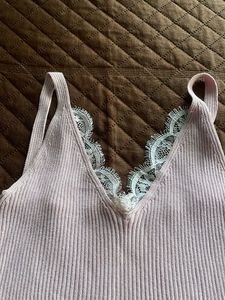 Pink Ribbed Cami with Lace Trim