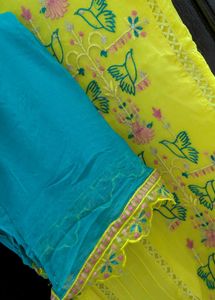Yellow Embroidered Kurta Set with Blue Dupatta | M