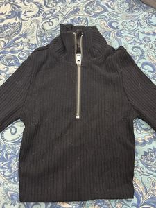 Black Ribbed Half-Zip Top