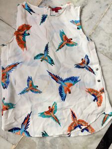 White Parrot Print Sleeveless Top