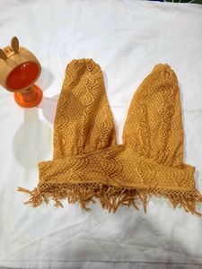 Yellow Lace Fringe Crop Top