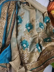 Embroidered Beige &amp; Teal Indian Dress