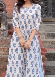 Blue Floral Print Cotton Kurta