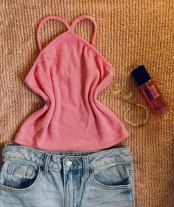 Pink Ribbed Halter Neck Crop Top