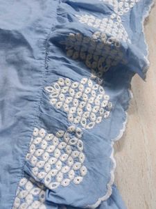 Blue Embroidered Ruffle Sleeve Top
